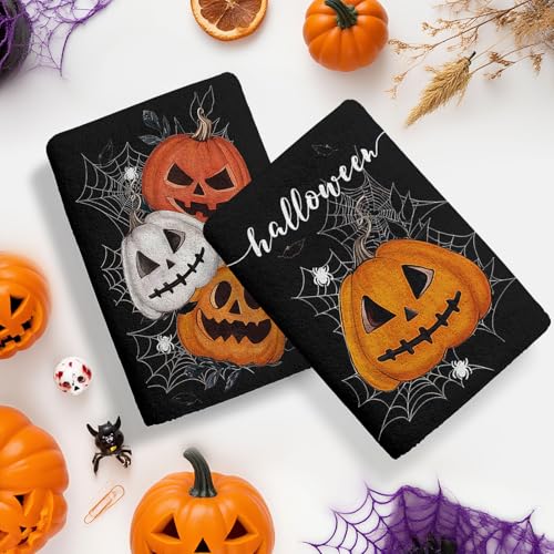 Halloween Black Pumpkin Dish Towels Set of 2 - Spider Web Hand Towels 18x26 F