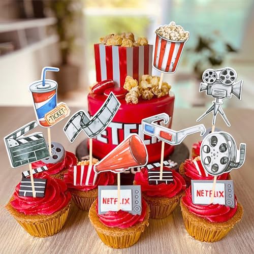 Movie Night Double Sided Cupcake Toppers - Design 5, Hollywood Party Decorations, 40 pcs