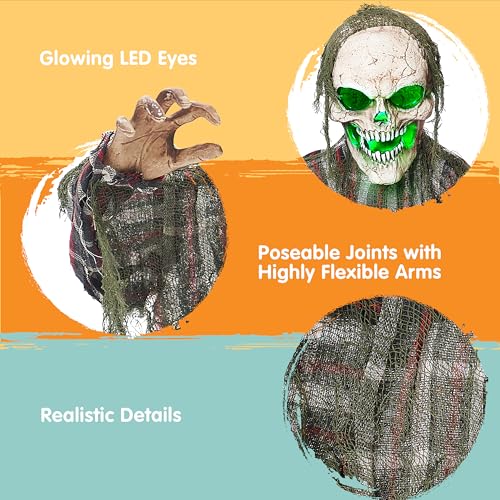 Halloween Animatronic Skeleton Groundbreaker Decor with Moving Arms & Green Light - Outdoor Yard Prop