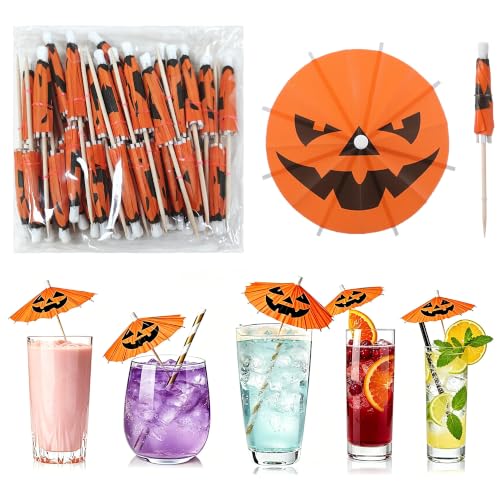 Halloween Pumpkin Cocktail Umbrellas - 100 Mini Food Picks for Drinks & Desserts