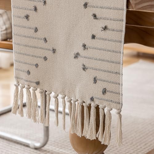 Joyfol Day Boho Table Runner - Farmhouse Stripe Cotton with Tassels, 13 x 90 Inch, Grey