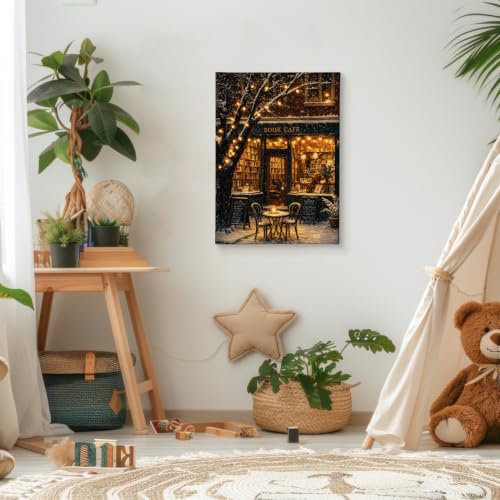 Winter Bookstore Wall Art Canvas Framed Painting 11x14 - Holiday Decor