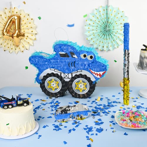 Small Shark Pinata - Blue Black with Blindfold, Bat & Confetti for Birthday Parties - Shark Themed Decor