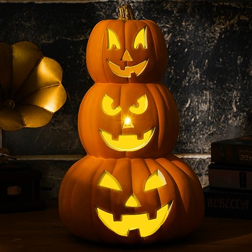 Halloween Pumpkin Decor 3-Tier 14-Inch Jack O Lantern with LED Lights - Orange