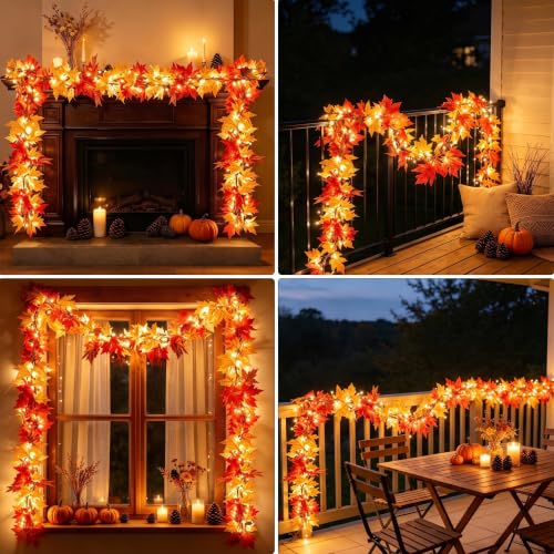 9.1FT Fall Garland with Lights Large Maple Leaves - Connectable Autumn Decor - Variation 1