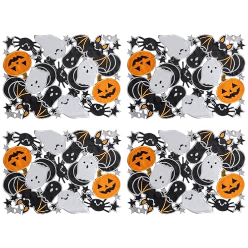 Rectangular Halloween Spooky Placemats Set of 4 - Embroidered Pumpkins & Bats, 13x19 Inch, Gothic Table Decorations for Parties