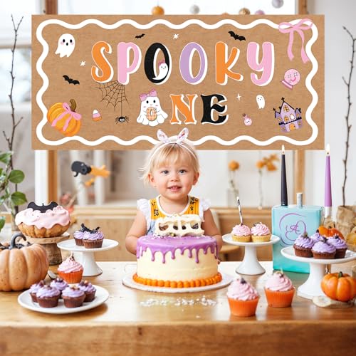 Halloween Spooky Backdrop for Birthday Party Decorations Pink Purple 47x24in