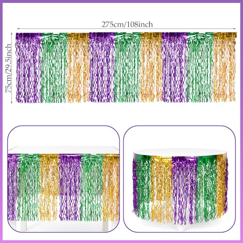 Metallic Tinsel Foil Fringe Table Skirts - 2 Pack, Purple Green Gold, Wavy Party Decor