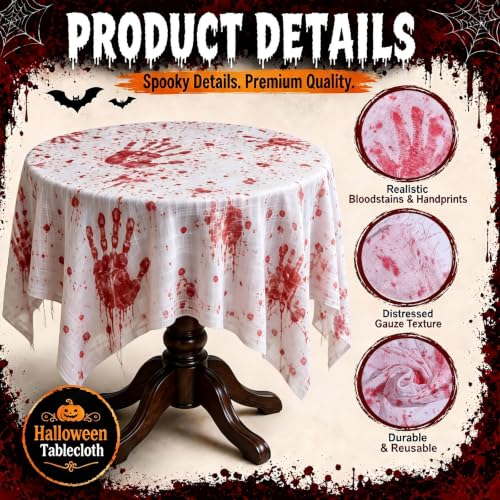 Large Bloody Handprint Halloween Tablecloth - Creepy Fake Blood Stained Cover, 84.6 x 108.3 Inches