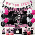 Pink and Black Horror Movie Party Decorations Set with Banner, Balloons & Cupcake Toppers