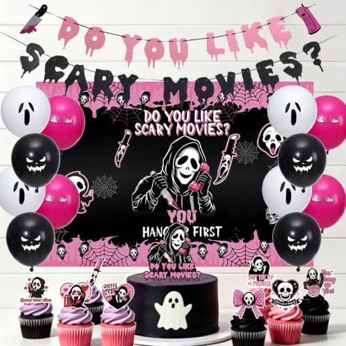 Pink and Black Horror Movie Party Decorations Set with Banner, Balloons & Cupcake Toppers