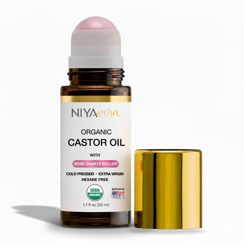 NIYAVERA Organic Castor Oil Roll on with Rose Quartz For Face and Body - Cold Pressed Hexane Free Glass Bottle Unrefined 1.7 oz