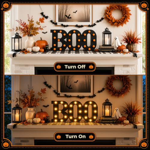Indoor Halloween Wooden Boo Sign - 13 Inch Light Up Letters Decor