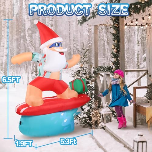 6.5FT Inflatable Santa Surfing Christmas Decoration with LED Lights - Outdoor Holiday Yard Lawn Decor