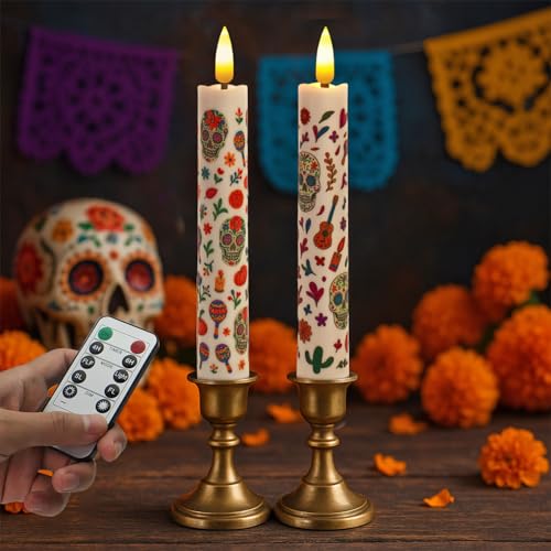 2 Pack Dia De Los Muertos Flameless Candles with Timer Remote - Skeleton & Flower Design