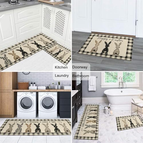 Easter Bunny Kitchen Rugs Set of 2 - Black & White Checkered Spring Decor