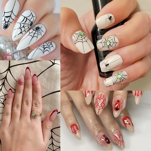 Spider Web Halloween Nail Stickers - Self-Adhesive 3D Nail Art Decals for Women & Girls - Black White Red Variation
