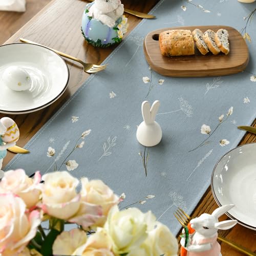 Blue Bunny Rabbit Hydrangea Easter Table Runner 13x48 Inch Spring Home Decor