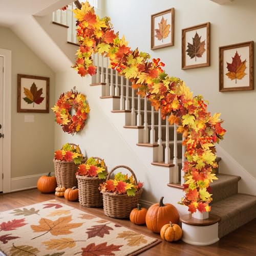 Autumn Maple Leaf Garland Set – 2 Pcs Fall Decor for Weddings, Thanksgiving, Outdoors & Indoors