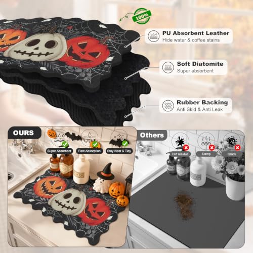 Scalloped Halloween Dish Drying Mat - Spooky Pumpkin Black, 12x20 Inches - Halloween Scary Pumpkin