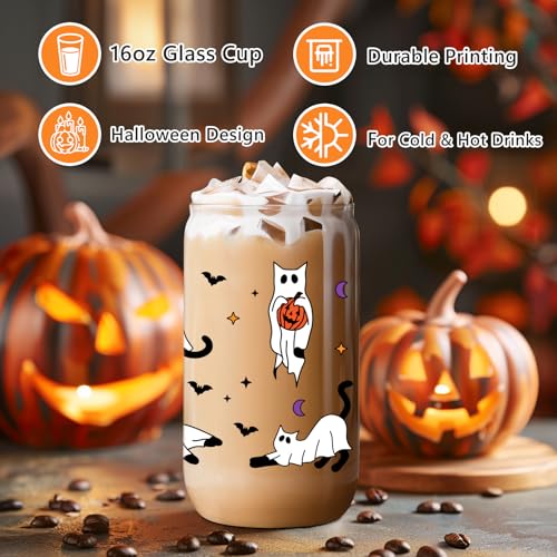 Halloween Cat Ghost Glass Cup with Lid and Straw - Spooky Cute Party Drinkware