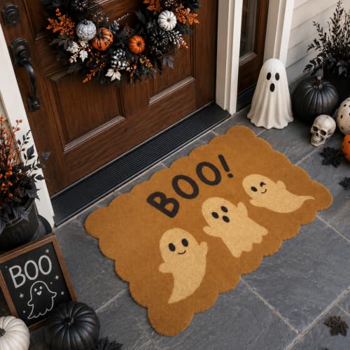 Halloween Ghost Doormat Decor - Boo Welcome Coir Door Mat, Brown & White
