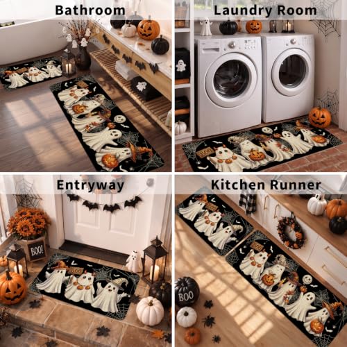 Halloween Ghost Kitchen Mat Decor Set of 2 - Black Ghost Indoor Rugs for Halloween