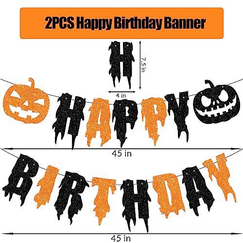 Halloween Birthday Party Decorations - Glitter Happy Birthday Banner with Pumpkins & Bat Wall Decor - Variation: Happy Birthday