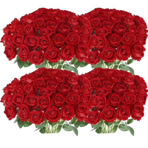 Artificial Red Roses Bulk - 100 Realistic Silk Flowers with Bendable Stems