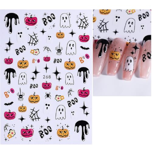 Halloween & Autumn Nail Art Stickers - Self-Adhesive Spider Web Pumpkin Ghost Leaves - 8 Sheets, Orange