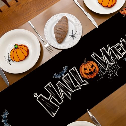 Halloween Ghost Pumpkin Boo Spider Web Table Runner 13x90 Inch - Seasonal Fall Decor