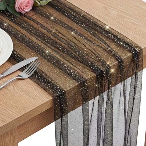 Halloween Fall Table Runner 10 ft Black Metallic Sheer Glitter Mesh - Set of 3