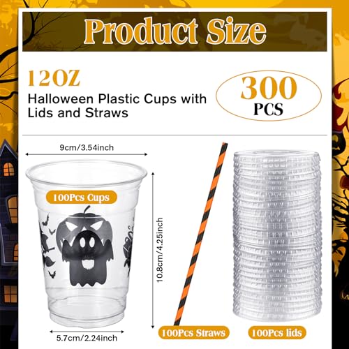 Halloween Disposable Cups Ghost Pattern 12 oz Clear Plastic Party Cups - 100 Sets