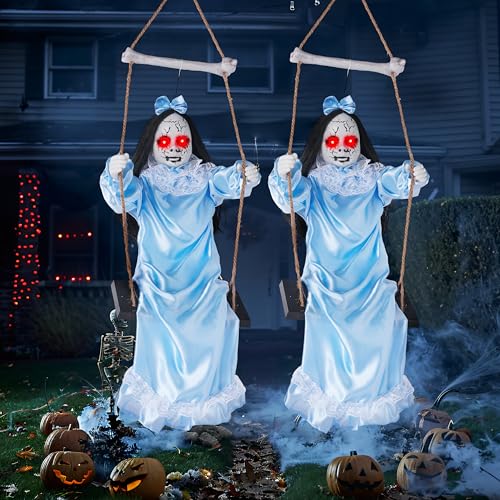3ft Hanging Ghost Decorations for Halloween Outdoor Indoor Creepy Twins with LED Red Eyes