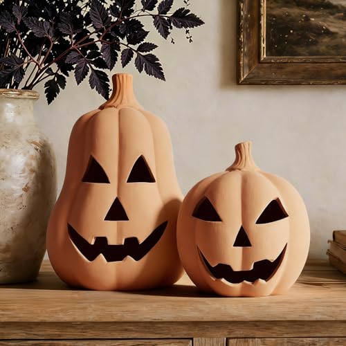 Set of 2 Handmade Terracotta Jack O'Lantern Halloween Decorations