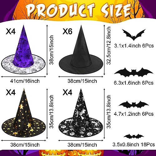 Halloween Witch Hat Decorations Set - 16 Hats 36 Bats 30 Spiders for Spooky Party Decor