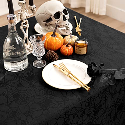 Halloween Tablecloth Black Spider Web Spillproof Fabric, Rectangular 60x84 Inch - Black / 84" x 60"