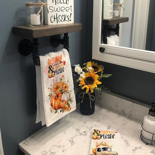 Fall Hand Towels Set of 2 - Pumpkin & Retro Truck Kitchen & Bathroom Decor