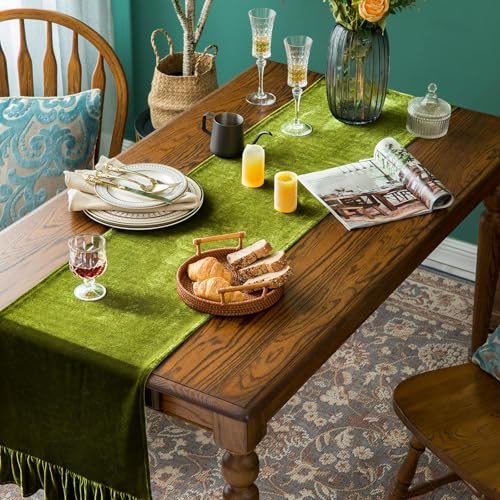 Olive Green Velvet Table Runner 14x72 Inches Luxurious Retro Ruffle Decor