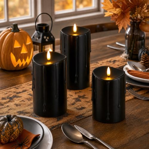 Velsyn Black Flameless Pillar Candles with Remote Set of 3 - Halloween Decor