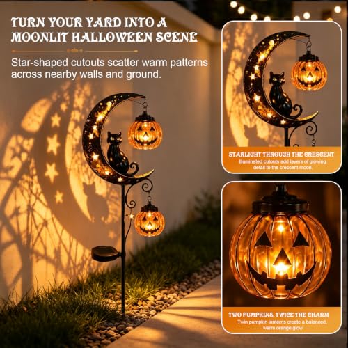 Halloween Garden Stake Light with Lantern and Black Cat Silhouette, Solar Outdoor Decor