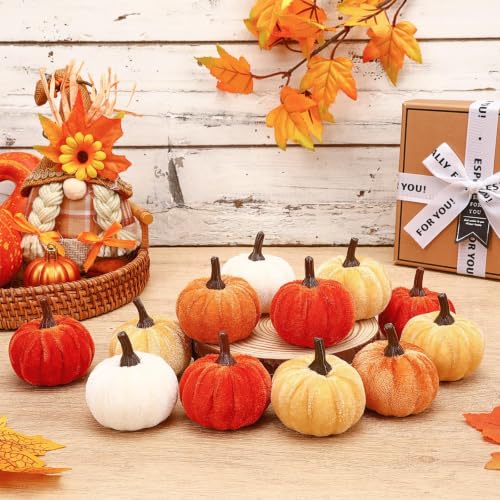 Fall Autumn Artificial Velvet Pumpkins Mini Faux Pumpkins Set - 16 Pieces - Color Variation of Fall Pumpkins