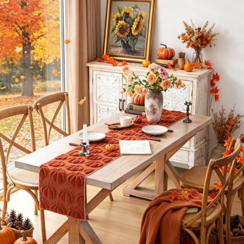 Fall Pumpkin Table Runner Rust 13x72 Inches Plush Autumn Decor