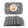 Flower Placemats Set 6 - Black PVC Embossed Table Mats with Silver Flower Variation