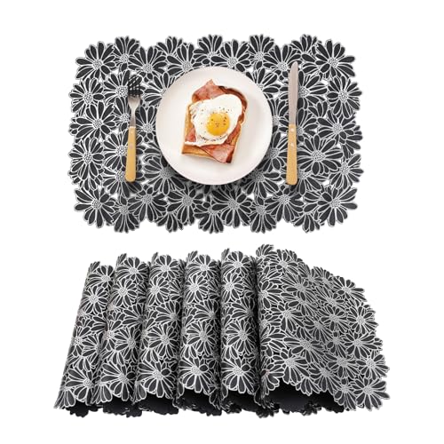 Flower Placemats Set 6 - Black PVC Embossed Table Mats with Silver Flower Variation