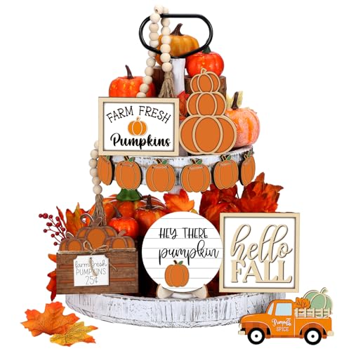 Fall Tiered Tray Decoration Set - Autumn Decor, Warm Style, 14 Pieces