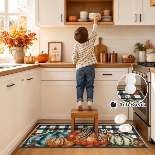 Fall Kitchen Rug Set of 3 Non Slip Washable Floor Mats - Harvest Pumpkin & Maple Leaf Design