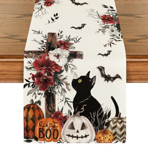 Halloween Jack-O'-Lantern Pumpkin Cross Black Cat Table Runner - 13 x 108 Inch Beige