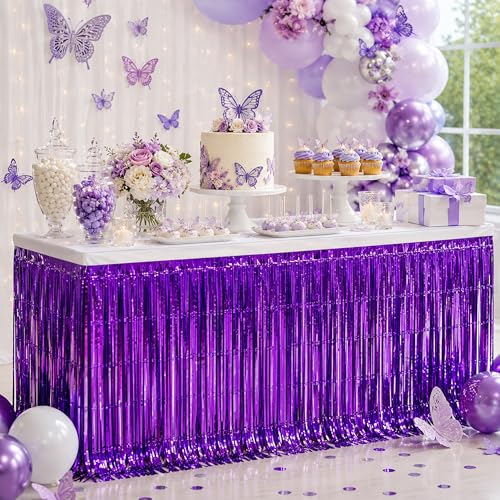 4 Pack Purple Foil Fringe Table Skirt - 29x108 Inch Metallic Tinsel Streamers