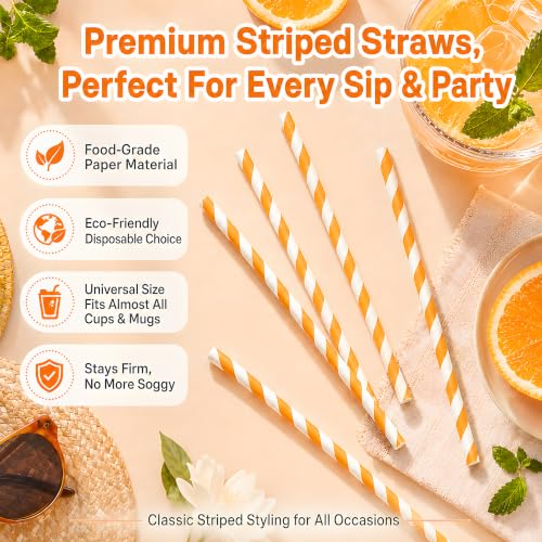 Orange Striped Paper Drinking Straws - Halloween & Party Decor - 100 Pack